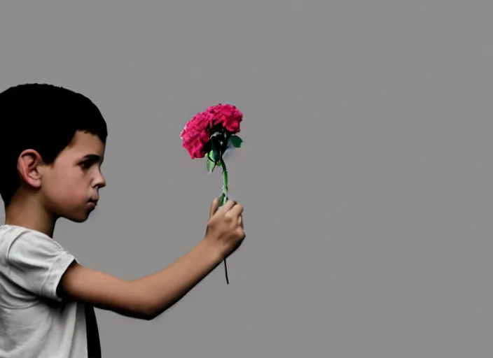 Prompt: a side profile of a single boy holding flowers in the style of Banksy on a white concrete background, graffiti, digital art