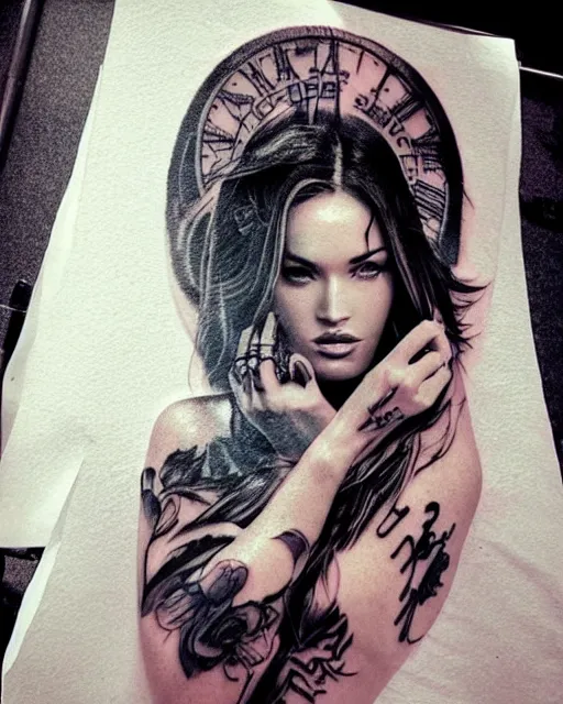 Image similar to double exposure effect tattoo design sketch of megan fox with amazing mountain scenery, realism tattoo, in the style of den yakovlev, amazing detail, sharp