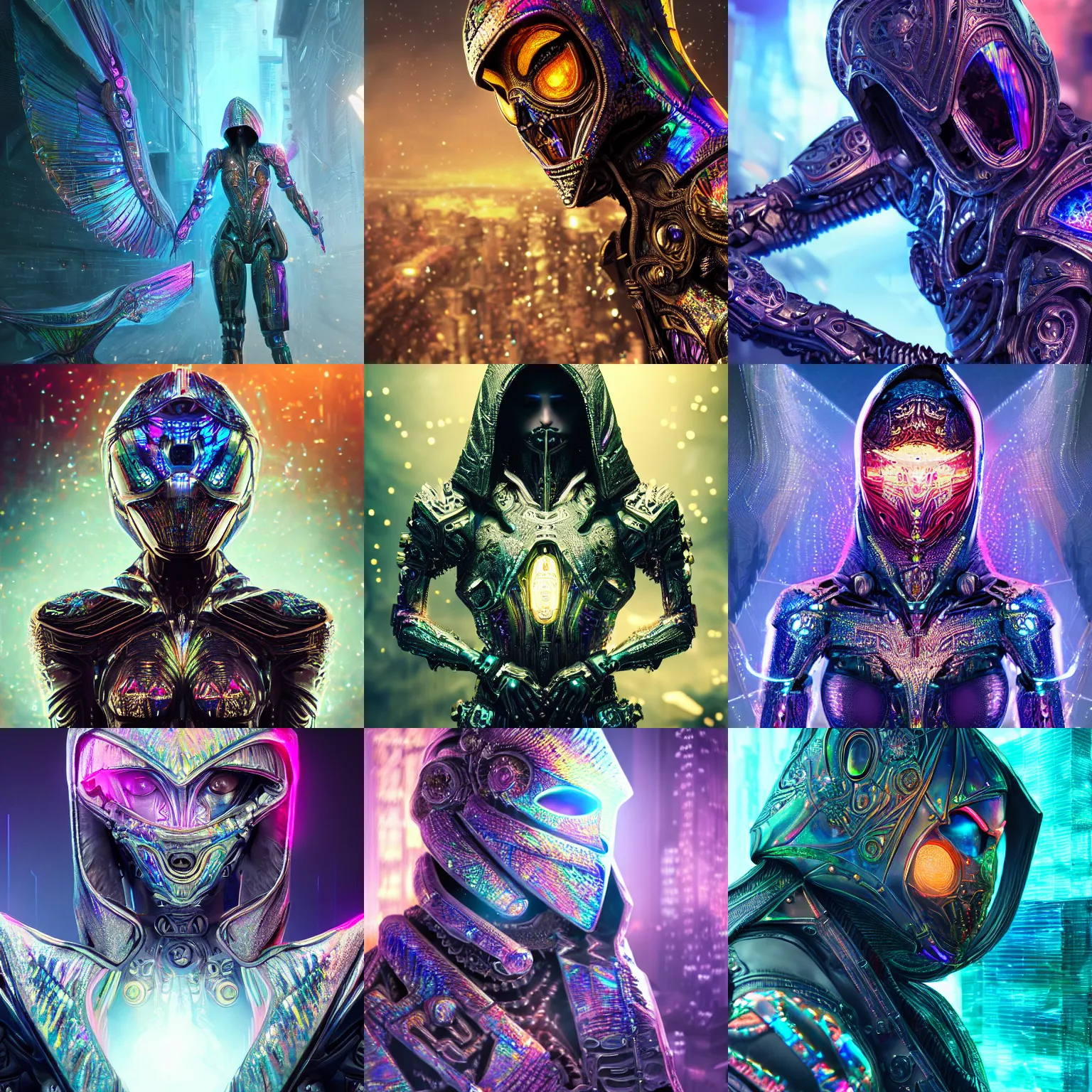 Prompt: Ultra realist and ultra intricate detailed painting of an powerful hooded armor iridescent elite assassin, human face biomechanical complex body, 3D render, symmetry, rich style, glowing iridescent sparks and smoke behind, crystallic cyberpunk megastructure background, artstation, colorful, badass, unreal render, depth of field