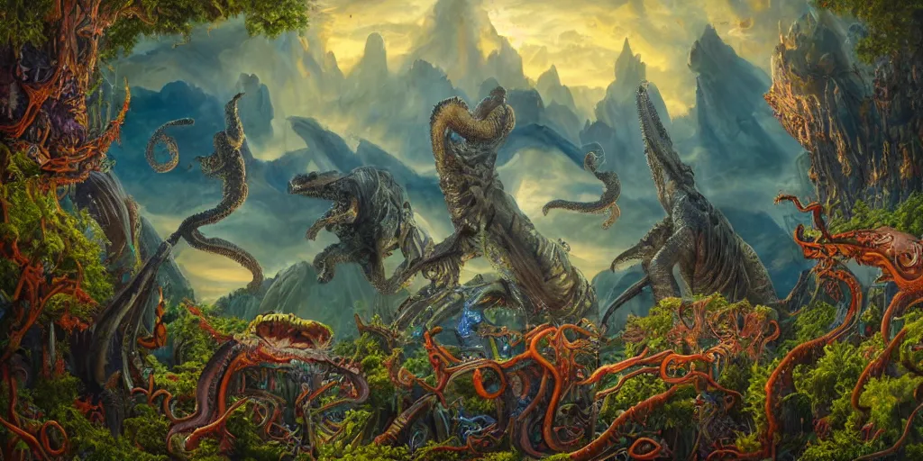 Image similar to fantasy oil painting, great leviathan, cybernetic turtle cephalopod terrapin reptilian pachyderm squid, bella hadid, hybrid, milla jovovich, anubis, epic natural light, lush plants flowers, spectacular mountains, bright clouds, luminous sky, outer worlds, golden hour, michael cheval, edward hopper, michael whelan, vray, hd