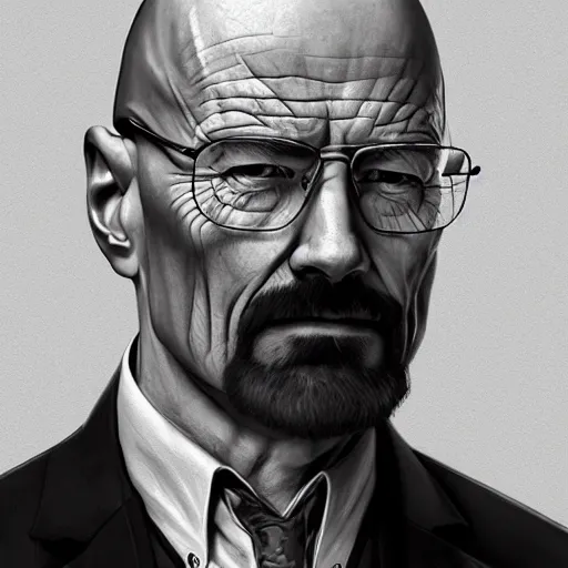 Image similar to !dream portrait of Walter White, elegant, intricate, headshot, highly detailed, digital painting,black and white, artstation, concept art, sharp focus, illustration, art by artgerm and greg rutkowski and alphonse mucha