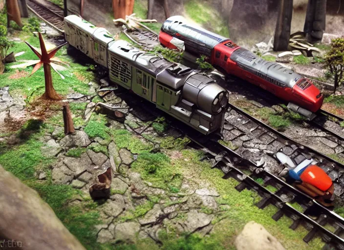 Image similar to a detailed photo of a realistic diorama with star wars toys, macro photography, zoom, model trees, train diorama