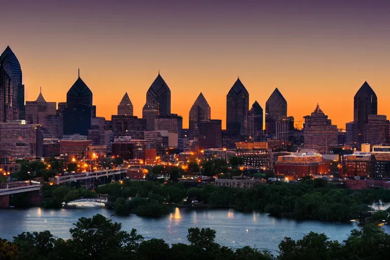 Image similar to the philadelphia skyline at dusk, dramatic, epic, cinematic