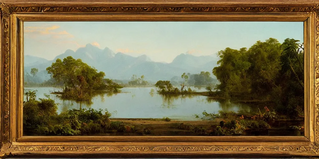 Image similar to the river delta of dawn, tropical river scene, serene mood, in style of frederic edwin church