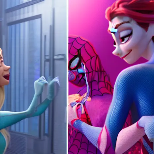 Image similar to spiderman and pregnant princess elsa talking in the kitchen, into the spiderverse cinematic render, ( 2 0 1 8 ) sony animation official media, clear details, award winning, blue gown, third trimester