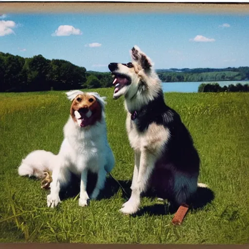 Prompt: 1 1 year old boy standing in a field in the middle of the drawing, his collie dog sitting beside his leg, the boy is looking down at the lake, small hill visible in the background, beautiful sunny summer day, polaroid, highly detailed