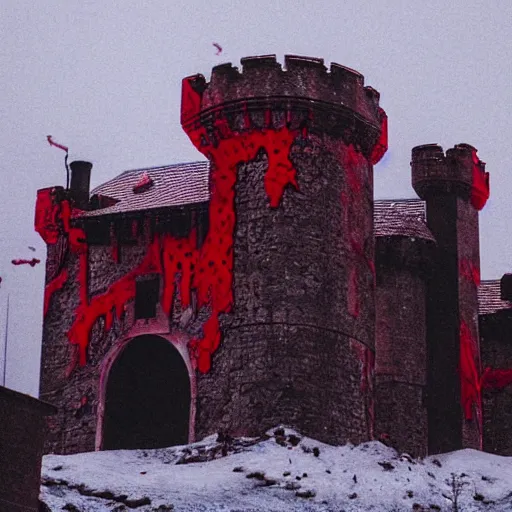 Prompt: A cyberpunk style castle covered with red paint on it like its blood and snow falling on it