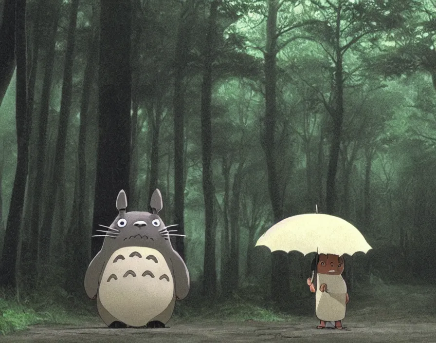 Prompt: A Retzling standing with Totoro at a japanese bus stop, holding an umbrella, in the forest, rainy night, film screenshot, Studio Ghibli, Hayao Miyazaki, —TEST