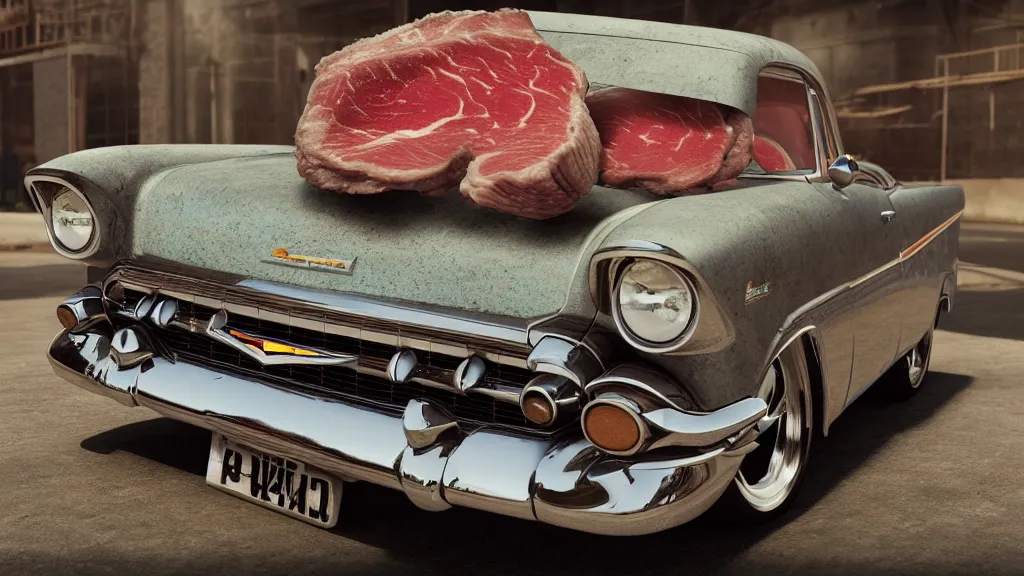 Image similar to a 1957 Chevy made of Steak. The headlights are big onions, the wheels are scallops. Octane render, 4K