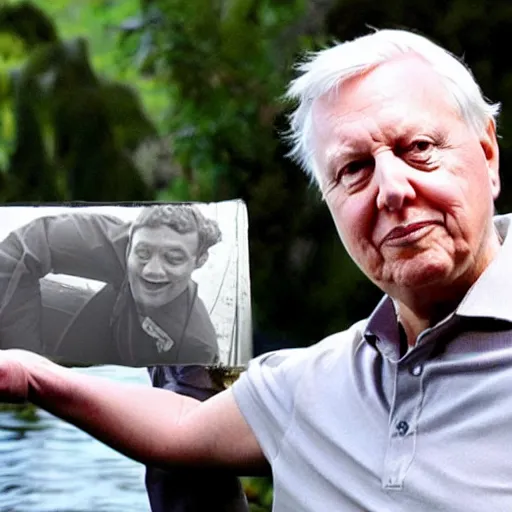 Prompt: David Attenborough making nature documentary about Mark Zuckerberg