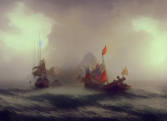 Prompt: A small quaint chinese junk in the dim yellow mist in the middle of a vast and expansive ocean, painting by Ivan Aivazovsky and Greg Rutkowski, artstation, fantasy, intricate, beautiful, cinematic, octane render, arnold render, 8k, hyper realism, detailed, sharp focus, 4k uhd, masterpiece, award winning