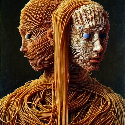 Image similar to siamese twins made of spaghetti, intricate armor made of spaghetti fractals, ancient warrior, samurai style, by giuseppe arcimboldo and ambrosius benson, renaissance, intricate and intense oil paint, a touch of beksinski, realistic