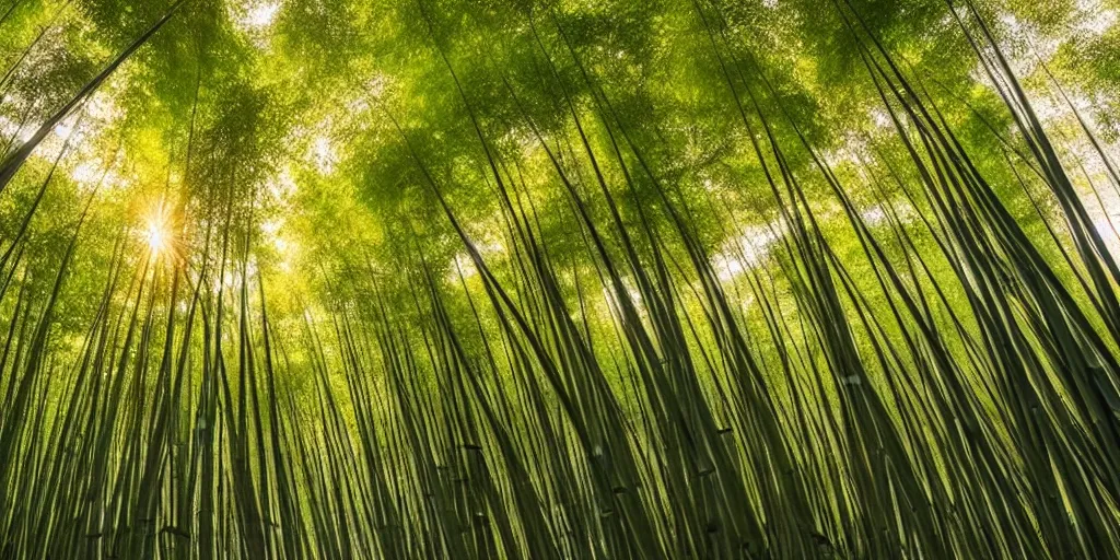 Image similar to ultra wide angle matte painting of the shunan bamboo forest in china, majestic!!! beautiful!!!, ethereal!!! ultra realistic, golden hour, volumetric lighting, sharp focus