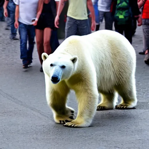 Image similar to a polar bear walking through the streets of rio de janeiro. photo. award - winning photography.