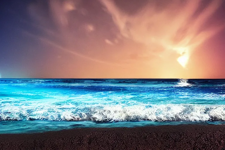 Image similar to bioluminescent waves, beach, night, landscape, relax atmosphere, magic atmosphere, photo realistic