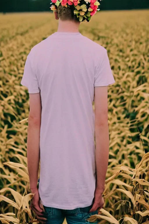 Image similar to agfa vista 4 0 0 photograph of a skinny blonde guy standing in a cornfield, flower crown, back view, grain, moody lighting, telephoto, 9 0 s vibe, blurry background, vaporwave colors!, faded!,