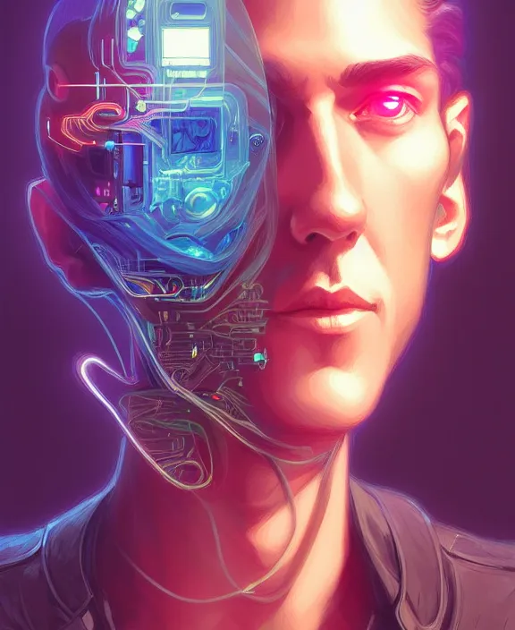 Image similar to a whirlwind inside the metaverse, guy, male, man, hologram, half body, neurochip, android, cyborg, cyberpunk face, by loish, d & d, fantasy, intricate, elegant, highly detailed, colorful, digital painting, artstation, concept art, art by artgerm and greg rutkowski and alphonse mucha