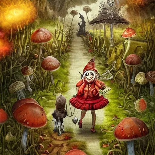 Image similar to Hell and heaven, captured in bottles, an elderly mushroom walking their pet snail, The Autumn Plague Gardener, the theme of Alice in Wonderland, digital painting, its softness partakes of fluidity, illustration, deep dark, artstation, intricate, biodiversity in a world of change and constancy, ue5, by deiv calviz and bossmonsterbani