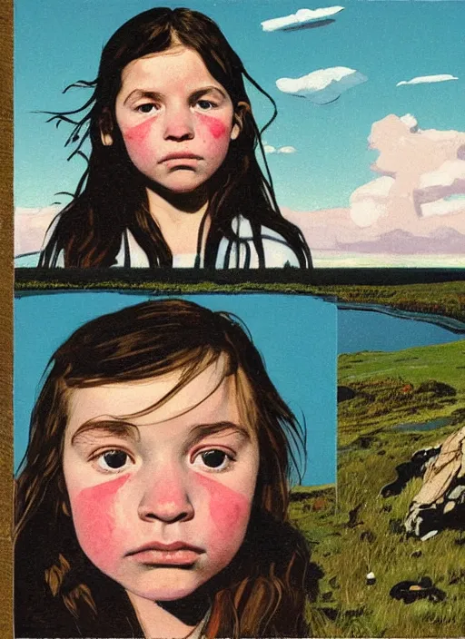 Prompt: composition by justine kurland, an extreme up - close portrait of a girl looking slightly down to the rigjt in a scenic representation of mother nature and the meaning of life by billy childish, thick visible brush strokes, shadowy landscape painting in the background by beal gifford, vintage postcard illustration, minimalist cover art by mitchell hooks