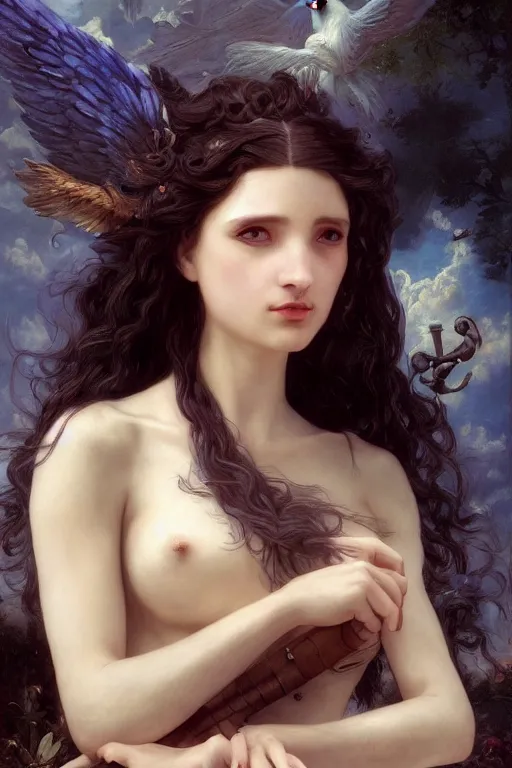 Image similar to a fantasy comic book style portrait painting of a beautiful woman with pale skin and long black hair, mystical valkyrie, francois boucher, oil painting, unreal 5, hyperrealistic, octane render, regal, refined, detailed digital art, rpg portrait, william - adolphe bouguereau, michael cheval, walt disney, steampunk, dynamic lighting, highly detailed, unreal engine