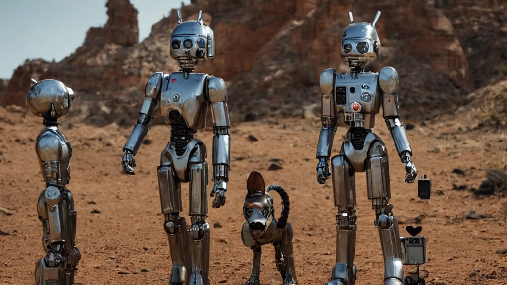 Image similar to film still from the movie chappie of the robot chappie shiny metal outdoor planet mars red rock scene bokeh depth of field several figures furry anthro anthropomorphic stylized cat ears head android service droid robot machine fursona