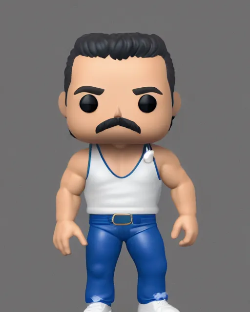 Prompt: full body 3 d render of freddie mercury, white tank top blue jeans as a funko pop!, four, studio lighting, white background, single body, no shadow, blender, trending on artstation, 8 k, highly detailed