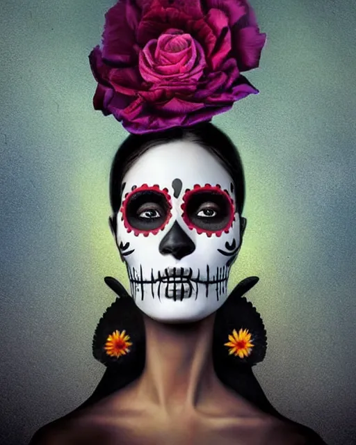 Image similar to dia de los muertos theme surrealist art in the styles of igor morski, jim warren, and aida muluneh, intricate, hyperrealistic, accurate facial details, profile picture with chromakey!!!!! background, volumetric lighting