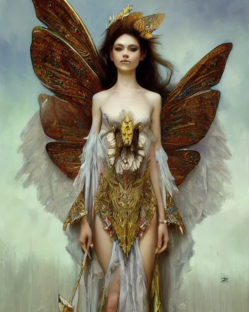 Prompt: Moth Fairy Maiden with large moth like wings wearing ornate dress by Ruan Jia and Andrei Riabovitchev, featured on Artstation, Hyperdetailed, stylized, realistic oil on linen, masterpiece, fantasy