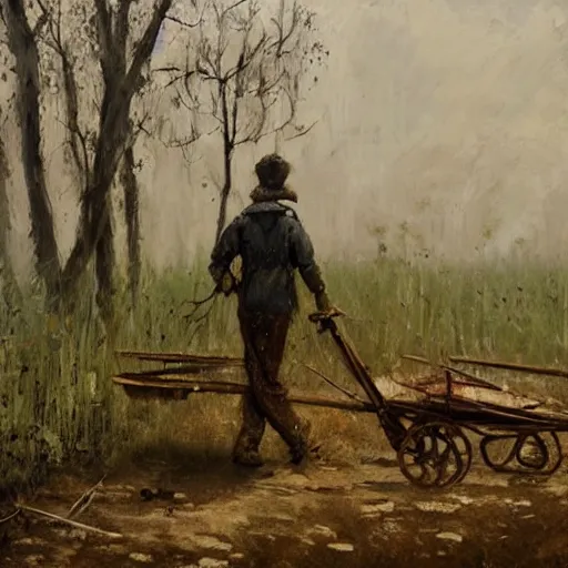 Image similar to painting by jakub rozalski of a person walking with a wheelbarrow in an abandoned post soviet town infested with root monsters