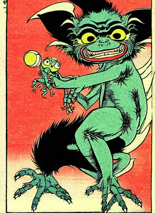 Prompt: a gremlin from gremlins ( 1 9 8 4 ) as a yokai illustrated by kawanabe kyosai and toriyama sekien