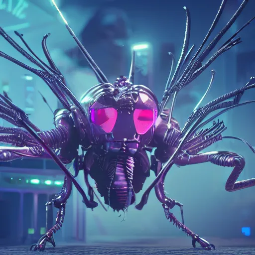 Image similar to synthwave cyborg insect aliens, detailed face, sharp focus, synthwave art, aesthetic, octane render, raw, cinematic