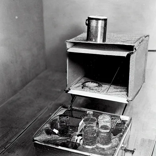 Prompt: full - color 1 9 3 5 photo of schrodinger's cat inside the experimental box. the cat is alive and dead at the same time. the box contains a flask of poison and a radioactive source and a geiger counter. the flask is broken or unbroken. professional science - journal photography.