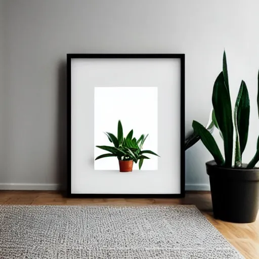 Image similar to minimalist mockup photo of large blank frame on floor with thin light wooden moulding, white background wall, boho carpet, one small potted plant, trending on etsy