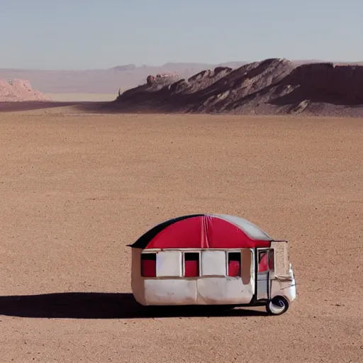 Image similar to a scenography of an old circus caravan in the middle of a desert.