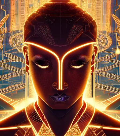 Image similar to symmetry!! egyptian god of technology, solid cube of light, hard edges, product render retro - futuristic poster scifi, lasers and neon circuits, brown skin egyptian god, intricate, elegant, highly detailed, digital painting, artstation, concept art, smooth, sharp focus, illustration, dreamlike, art by artgerm