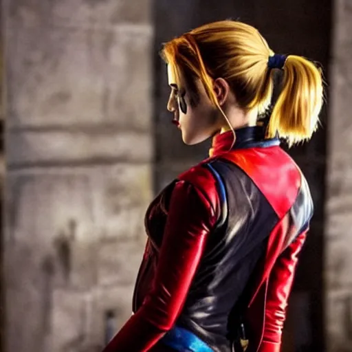 Image similar to Emma Watson as Harley Quinn, cinematic, Wide-shot, atmospheric lighting, directed by Quentin Tarantino, movie still