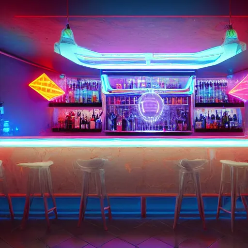 Prompt: a beautiful colorful clear lightning intricate futuristic bar, 4 k, ultra - wide angle, elagant, highly detailed, photorealistic, octane render, 8 k, unreal engine, hd, trending on artstation, hyper detailed, intense colors