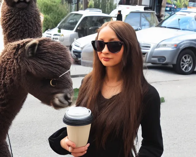 Prompt: a girl who looks like the mona lisa, going out for coffee wearing sweatpants and sunglasses, photobomb by an alpaca, candid shot, TMZ, by cameldeath