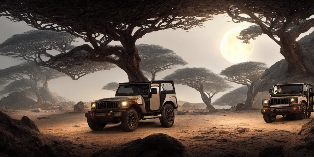 Image similar to mahindra thar riding through moonlit socotra island with dragon trees, starry night, chasing action scene, epic fantasy, sharp focus, trending on ArtStation, masterpiece, by Greg Rutkowski, by Ross Tran, by Fenghua Zhong, octane render, soft render, ultrarealistic, colorful, cinematic, matte painting, shadow of the tomb rider