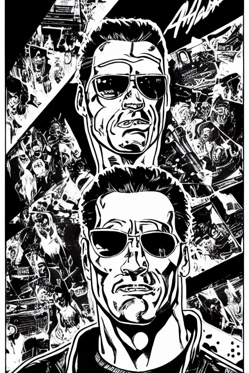 Prompt: arnold schwarzenegger, a page from cyberpunk 2 0 2 0, style of paolo parente, style of mike jackson, adam smasher, johnny silverhand, 1 9 9 0 s comic book style, white background, ink drawing, black and white, colouring pages