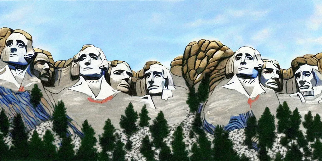 Prompt: a painting of mount rushmore by bob ross