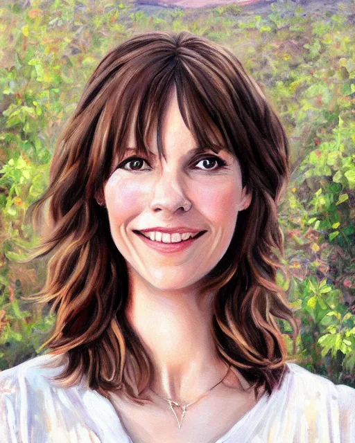 Prompt: a portrait painting of sabrina lloyd / perdita weeks / nicole de boer hybrid oil painting, gentle expression, smiling, elegant clothing, scenic background, by artgerm