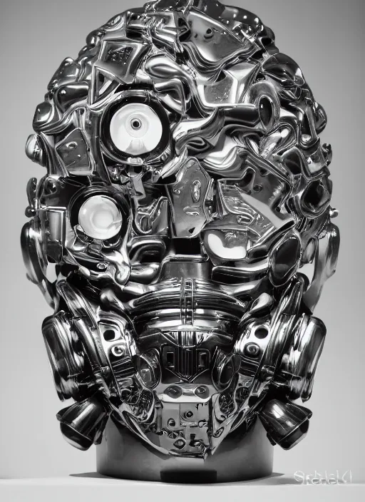 Image similar to a portrait photograph of a robot head designed by Kehinde Wiley, 35mm, pentax, studio