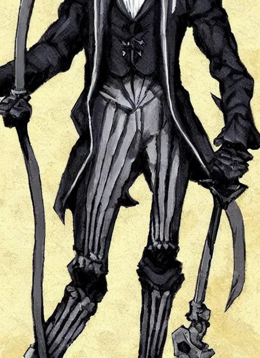 Image similar to DND character art, skeletal male figure, wearing a deep black suit!!! and tie and top hat, holding a gold! cane!. blue!!! flames!!