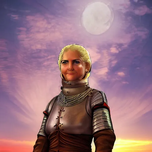 Image similar to portrait of a woman medieval ship pilot on a ship looking into the sunset on the sea, wearing breastplate, hair in side part, digital art, bokah, high fantasy art style
