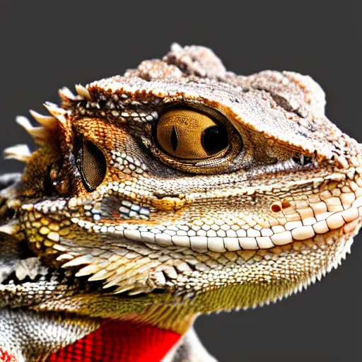 Prompt: Photo studio picture of Bearded Dragon wearing a tie, white lighting, photorealistic