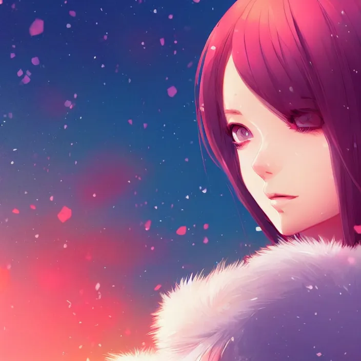 Image similar to portrait of a beautiful girl, snow landscape background, rich vivid colors, ambient lighting, dynamic lighting, 4 k, hq, official media, anime key visual, makoto shinkai, ilya kuvshinov, lois van baarle, rossdraws, detailed, trending on artstation