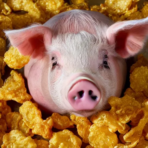 Image similar to pig wearing a gold crown swimming in bag of pork rinds