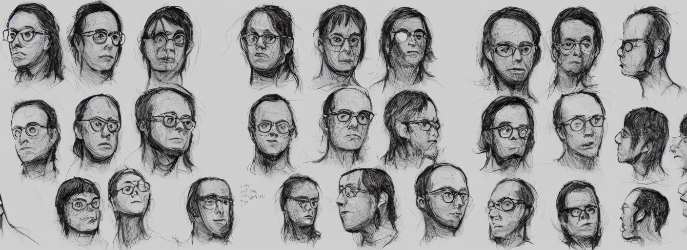 Prompt: character study of todd solondz, clear faces, screenwriter, introvert, outsider, emotional, character sheet, fine details, concept design, contrast, by gabriel hardman, joe alves, j. todd anderson, chris bonura, trending on artstation, 8 k, full body and head, turnaround, front view, back view, ultra wide angle