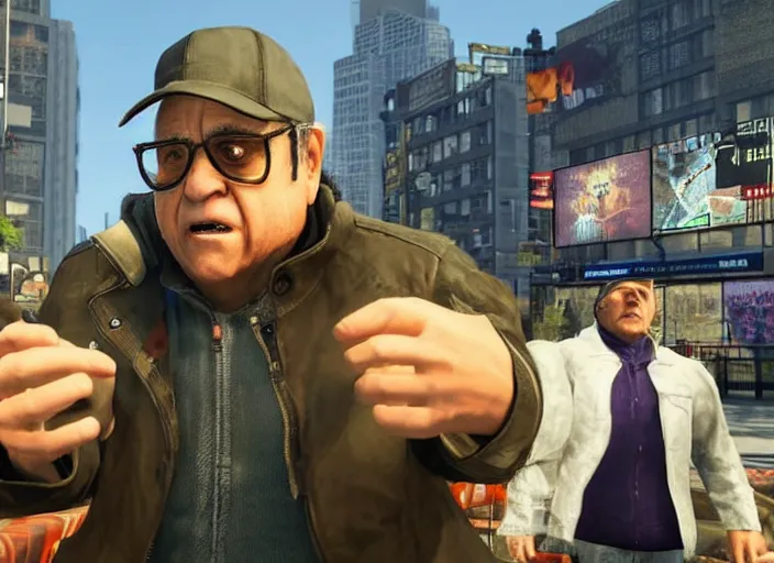 Image similar to video game still of danny devito in the video watch dogs,